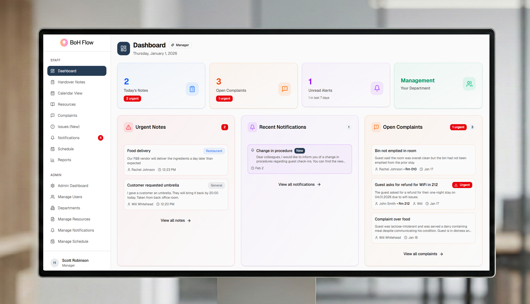 BoH Flow manager dashboard overview